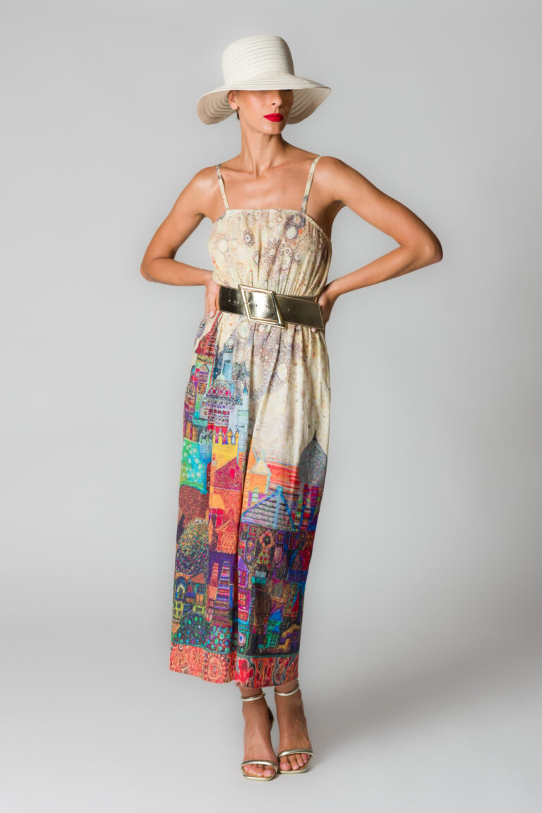 Abito lungo donna in cotone e lino beige con stampa paesaggio - immagine 4
