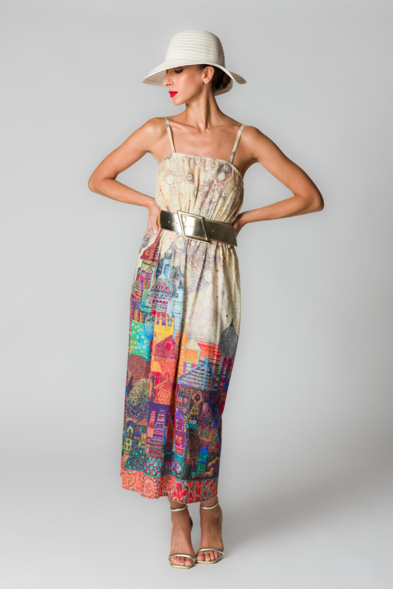 Abito lungo donna in cotone e lino beige con stampa paesaggio - immagine 3